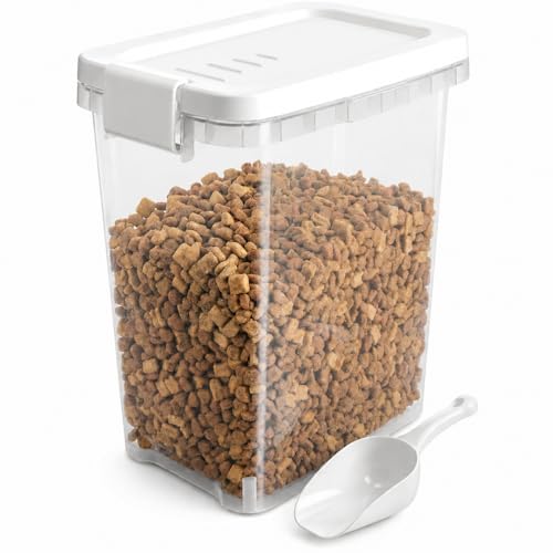 5-10 Lbs Airtight Cat Dog Food Storage Container, 8QT Compact Pet Food Bin | Plastic Food Container with Buckle-Lock Lid & Scoop for Dog, Cat, Bird Seed, Pet Food, Chicken, Dry Food, Rice, Cereal, Flour - color: Bright White