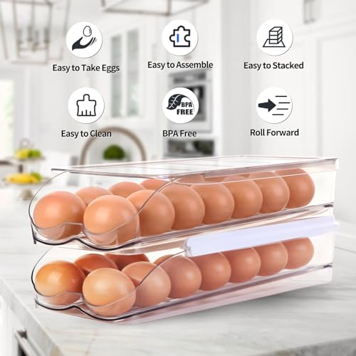 RoskDeewat Egg Holder for Fridge, Automatic Rolling Egg Container -1 Tier | Stackable Fridge Organizers and Storage with Lid, Sturdy Clear Plastic Egg Dispenser & Tray for Refrigerator - size: 1 Tier Holder 14 Eggs