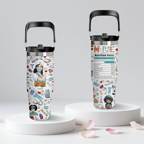 30oz Nurse Tumbler for Women - Leak Proof Stainless Steel Travel Mug with Handle & Flip Straw - Nurse Gifts for Women, Nurses Week, Birthday - BPA-Free, Fits Car Cup Holders, Work & Outdoor Use - color: Nurse2
