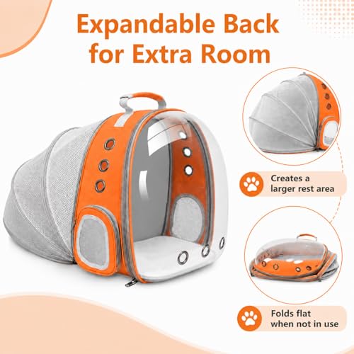 Expandable Cat Carrier Backpack with Bubble Window, Orange | Breathable mesh, anti-collapse frame, side door, safety leash and escape-resistant zippers for vet visits and outdoor travel. - color: Orange