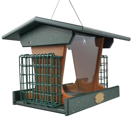 DutchCrafters Poly Hopper Bird Feeder with Suet Holder, Large Suet Feeder for Birds, Outdoor Hanging - Amish American Made (Turf Green & Cedar) - color: Turf Green & Cedar