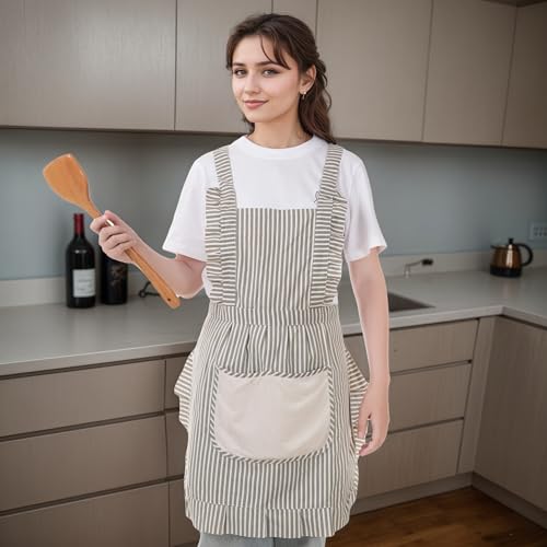 Cute Cotton Apron for Women, Adjustable Bib Cooking Kitchen Aprons with Pockets for BBQ Drawing Baking - color: Grey
