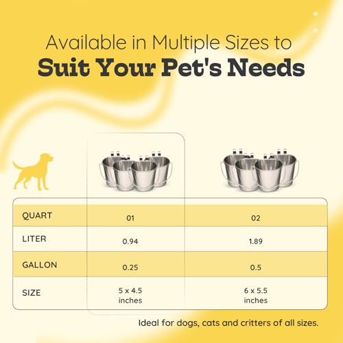 1 Quart Stainless Steel Flat Sided Bucket with Dual Hooks | 4 Pcs Durable Food & Water Bowl for Dog Cat Bird & Small Animals | Fits kennel Cage Crates Farm Hanging Pet Pail | Multipurpose - size: 1 Quart (Pack of 4)