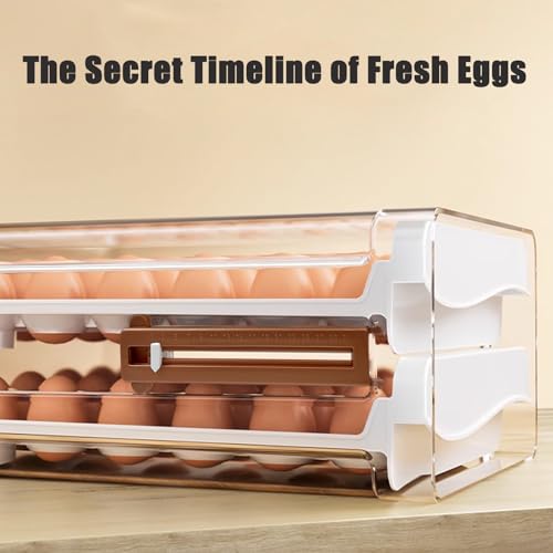 60 Egg Drawer Organizer for Refrigerator,2 Layers Transparent Egg Holder Tray for Fridge Stackable Eggs Storage Tray with Timescale