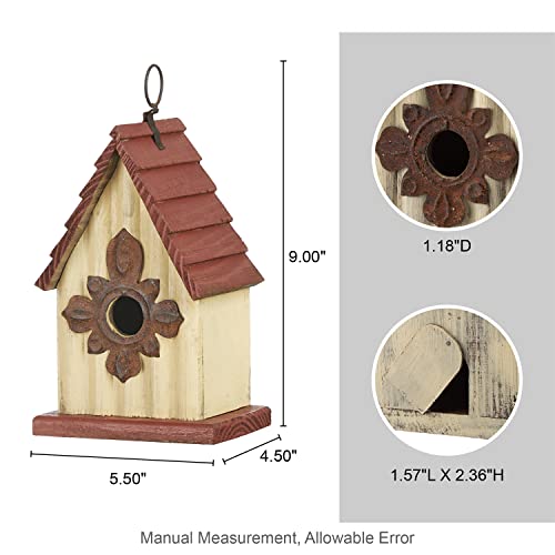 Glitzhome Hanging Bird House for Outdoors, 9" H Hand Painted Wooden Cottage Blue Bird House Garden Birdhouse for Outside for Hummingbird Wren Finch Cardinals Cedar - color: 9"H