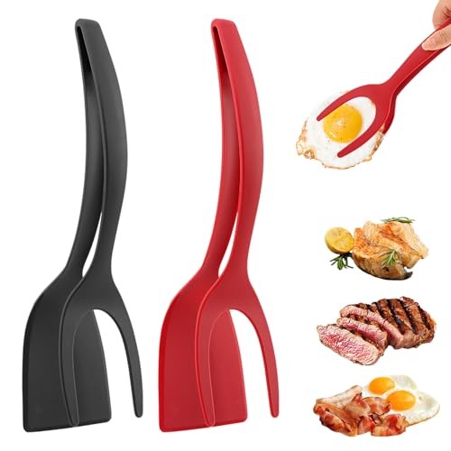 2 in 1 Egg Flipper Spatula, Non-Stick Grip and Flip Spatula Tongs for Pancakes, Omelets, Fish, Eggs, Burgers, Steaks, Heat Resistant Cooking Tool for Kitchen use(COLOR:Black+Red) - color: Black+Red