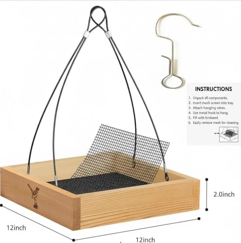 Cedar Wood Platform Tray Bird Feeder 12” - Hanging Bird Feeder for Outside Outdoor - Stainless Steel Cable Mesh Base - Weather Proof Birdfeeder for 10 Years - Longtime Outdoor Lasting Heavy Duty