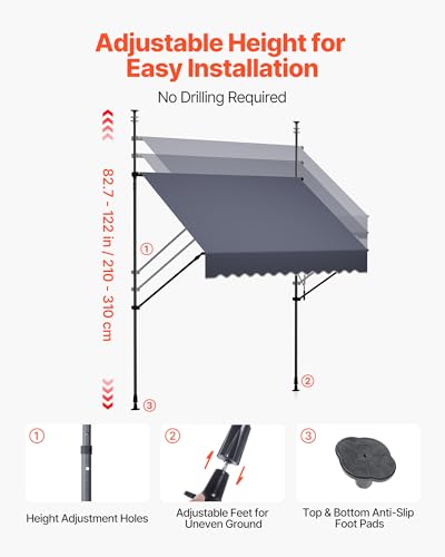 VEVOR Manual Retractable Awning, 78" x 59" Outdoor Patio Awnings Sunshade Shelter with 43"-59" Retractable Side Bar, No Drill Height Adjustable, Crank Handle for Backyard, Balcony, Dark Gray - size: 78x59 in