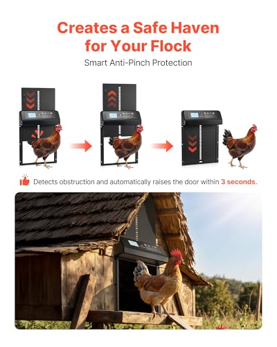 VEVOR Automatic Chicken Coop Door, Solar & Battery Powered Chicken Door with LCD Display, Remote Control, Light Sensor & Timer, Anti-Pinch Security, Aluminum Alloy Chick Run Gate Opener, Black - color: Black, size: 9.8"L x 2.9"W x 13.8"H