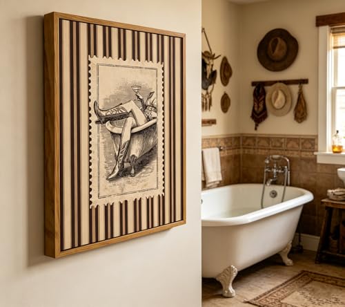 Floating Framed Cowboy Bathroom Canvas Wall Art, Funny Martini Cowgirl in Bathtub Painting Picture Wall Decor, Vintage Striped Postage Stamp Poster Print Artwork for Toilet, Home Decoration 8x10in - color: cowgirl, size: 10"L x 8"W