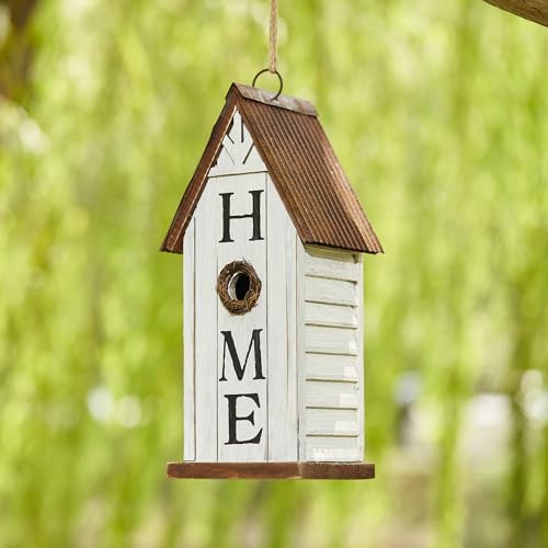 Glitzhome Decorative Bird Houses for Outdoors,14.75" H Distressed Bluebird House Solid Wood Hanging Bird House Home Inspiration Decorative Pet Cottage Outdoor Garden Birdhouse,Washed White - color: 14.75"H "HOME" Wash White