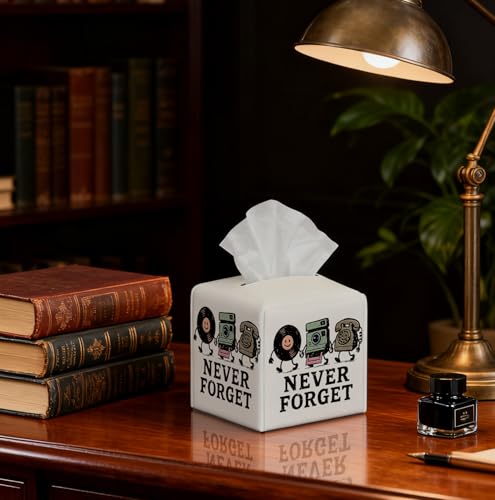Retro Nostalgic Tissue Box Cover, 5.2-Inch Square PU Leather Holder with Cartoon Record/Camera Pattern & “Never Forget” for Living Room/Bathroom, Gift for Retro Style Lovers & Housewarming - color: White Decoration Theme-07