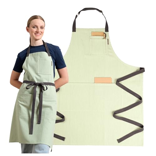 Chef Aprons for Women with Pockets, Adjustable Bib Aprons for Cooking - color: Sage Green Pinstriped