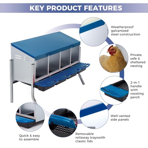Chicken Nesting Boxes, Heavy-Duty 8-Compartment Metal Chicken Nesting Box – Removable Tray, Ventilation Holes, Easy Egg Collection, Rustproof Galvanized Steel - Blue - 4 - Slot - with Legs - color: Blue, size: 4 - Slot - With Legs