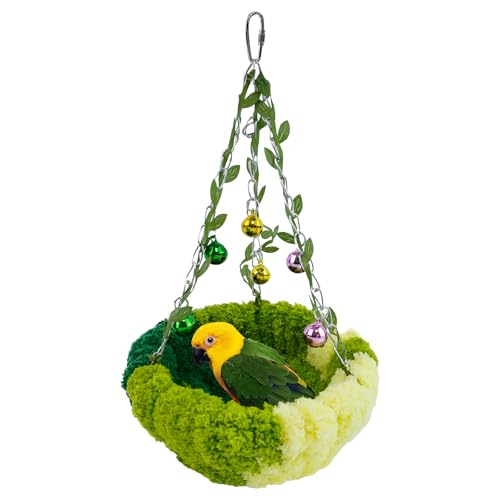 Admaison Bird Nest with Bell for Cage,Plush Hanging Bird Bed for Parakeet Indoor & Outdoor,Breeding Bird House for Conure,Budgie,Cockatiel,Lovebird,Canary,Finch,Hamster,Small Pets,Warm Nest,Green L - color: Green+Bell, size: L