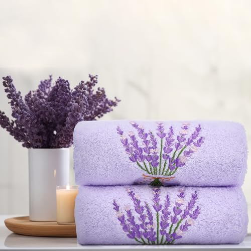 SmoothNovelty 2 Pcs Lavender Hand Towels Purple Bathroom Decor 14x29 Inch Embroidered 100% Cotton Soft Absorbent Spring Summer Decorative Hand Towels for Bathroom Kitchen - style: Lavender