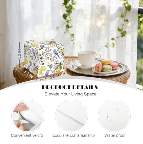 Watercolor Bird & Fruit Tissue Box Cover, PU Leather Holder with Blue Bird/Lemon Pattern for Living Room/Bathroom/Bedroom/Kitchen, Gift for Housewarming & Nature-Loving Homeowners - color: White Decoration Theme-06
