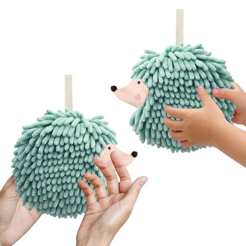 Hedgehog Shape Hanging Ring Hand Towels, 2-Pack,(Green), Chenille Super Absorbent Quick-Dry Towels, Household Cleaning Cloths for Bathroom and Kitchen - color: Hedgehog(green)