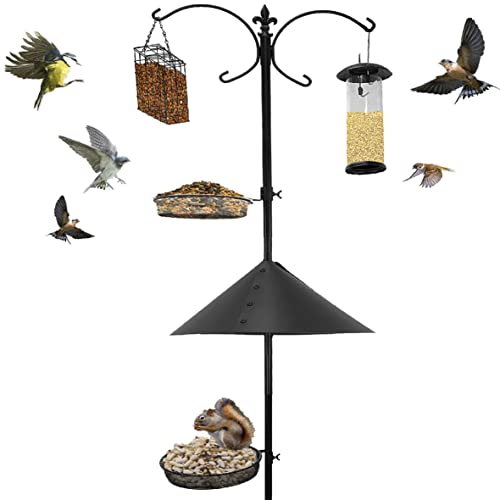 EasyGo Product Squirrel Proof Bird Feeder Wild Bird Station - Powder Coated 81 Inch Steel Pole Squirrel Baffle 2 Bird Feeders 1 Squirrel Peanut Feeder - 5 Prong Base PATENTS PENDING