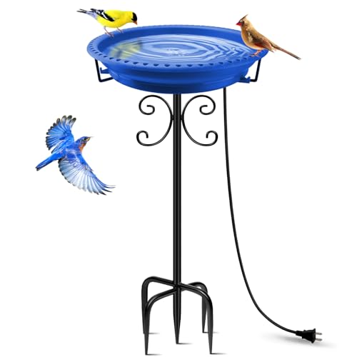 Daoeny Heated Bird Bath for Winter, Upgraded 100W Heated Bird Baths for Outdoors Thermostat Control with 5-Prong Metal Base, Heated Bird Bath for Outside Winter Garden Patio Yard Lawn (Blue) - color: Blue
