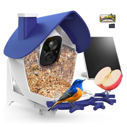 Smart Bird Feeder with Camera Solar Powered 2K HD Live Video with 32GB Card | AI Identifies 10,000+ Bird Species, Instant Alerts, IP65 Waterproof, Easy Setup, Bird Watching Gift for Bird Lovers - color: Blue