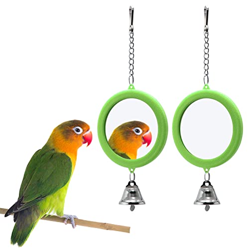 2PCS Bird Mirror with Bell Parrot Hanging Interactive Playing Toy for Cockatiel Parakeets Canaries Budgie Cage Accessories (Green) - color: Green