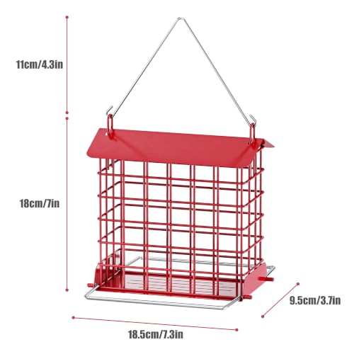 HOSUN Metal Suet Bird Feeder, Hanging Outdoor Wild Bird Cage, Red | All Metal Suet Cage, Weather-Resistant Roof, Easy Refill Top, Bottom Perch, Ventilated Base, Year Round Bird Feeding