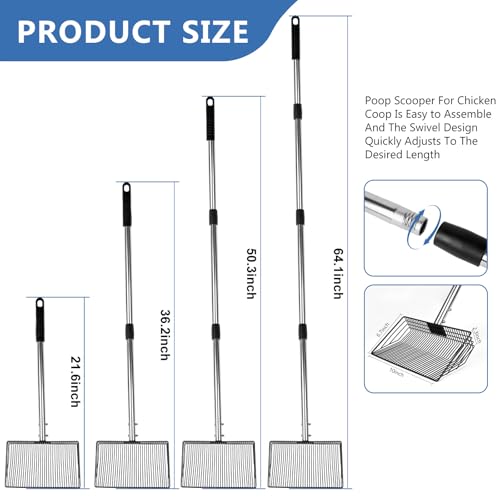 10inch Large Metal Chicken Poop Scooper, Chicken Poop Scooper for Sand with Adjustable Stainless Steel Handle, Chicken Coop Scooper for Sand Suitable for Chicken Coops, Rabbit Coops, Stables, Gardens - size: 2.3"L x 10.0"W x 64.0"H