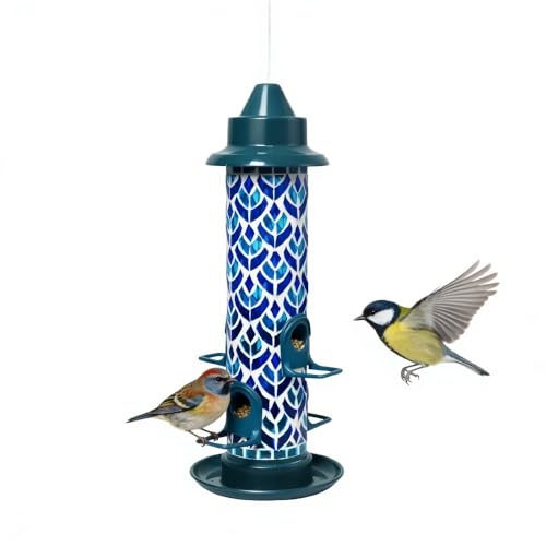 Lily's Home Blue Mosaic Tube Bird Feeder - Attracts Small Birds - 4 Feeding Ports, 3 or 4 Cups Capacity & 6'' Hanging Wire - Tube Bird Feeders for Outdoors Garden - Easy Refill - Twist-Off Cap - color: Blue