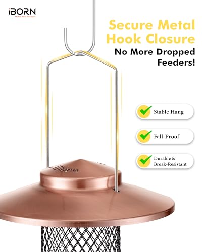 iBorn Peanut Bird Feeder,Sunflower Seed Feeder,13.5 Inch Metal Mesh Tube Bird Feeders for Outdoors Hanging,Squirrel-Proof Birdfeeders for Peanut with 17cm Weatherproof Roof & Tray,2 LB Capacity,Copper - color: Copper,13.5" Peanut Bird Feeder