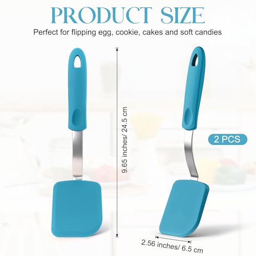 Silicone Cookie Spatula Turner 2 Pack Mini Brownie Spatula Flexible Kitchen Small Silicone Turner for Nonstick Cookware Heat Resistant No Scratch Flipper for Egg(Solid Flat,Light Blue) - color: Light Blue