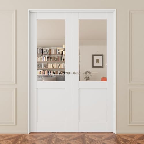 36x80 Interior French Door,Half Clear Glass Doors,Living Room Doors | Satin Nickel Hardware-Privacy Door Lever w/ Lock, Latch&Hinges, Solid Core,Tempered Glass,No PreDrill,Jamb Assembly Required - color: Half Lite, Silver Hinges, size: 36x80 for 38x82 ope