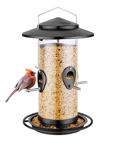 iBorn Metal Bird Feeder for Outside Hanging,Wild Bird Feeders for Cardinal,17.8cm Large Roof&Tray Black 10 Port(Seed is not Included) - color: Black,2.8LB,10Port