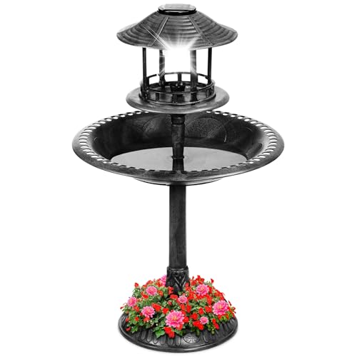 Best Choice Products Solar Outdoor Bird Bath Vintage Resin Pedestal Fountain Decoration for Yard, Garden w/Planter Base, Feeder, Decorative Bird Cage, Fillable Stand - Black - color: Black