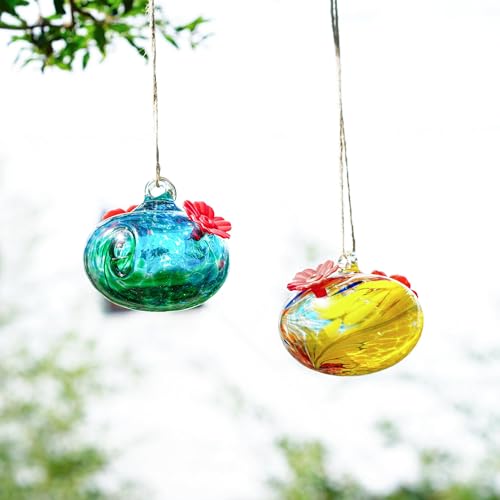 Pack 2 Blown Glass Hummingbird Feeders for Outdoors Window Hanging | Ant and Bee Proof - color: Color-3