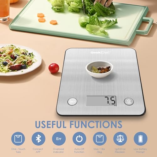 Geek Chef Food Scale,Smart Food Nutrition Scale, Scale for Food Weight Loss,Digital Kitchen Scales,Kitchen Tools for Baking, Cooking,Meal Prep,Weight Loss,1g/0.1oz Precise Graduation, Stainless Steel - color: Silver