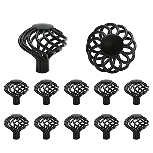 Jiozermi 12pcs Round Birdcage Cabinet Knobs, 1.8" Diameter, Flat Black | 1.8" Diameter Birdcage Drawer Pulls, Iron Bird Cage Cabinet Handles, Flat Black - size: 1.8 inch, Round