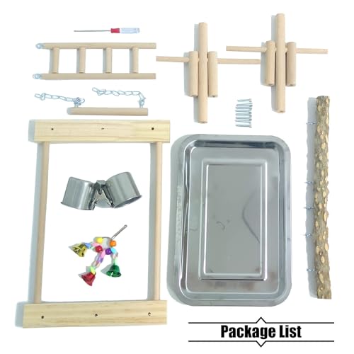 PINVNBY Bird Playground Parrot Playstand Birds Play Stand Wood Exercise Perch Gym Stand Playpen Ladder with Feeder Cups Hanging Swing Toys for Parakeet Conure Cockatiel Budgie Cage Accessories - size: One Floor With Ladder