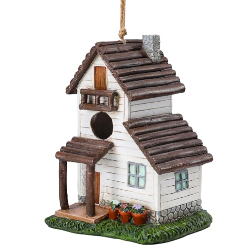 Yinns Resin Bird House, Decorative Home Bird House for Outside Garden Decor | Birdhouses for Outdoor Nesting, Decorative WaterProof Bird Houses for Yard Cardinal Bluebird Wild Birds Nesting - color: White Village House