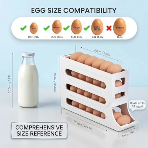 4 Tier Egg Roller Dispenser, Automatic Rolling Egg Holder, 28 Egg Capacity | Gravity-Fed Rolling System, Smooth Egg Dispensing, White Design, Easy Refill, Stable Placement - color: Pure White