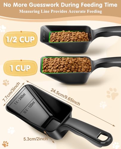 2-Pack Dog Food Scoop 1 Cup, Plastic Pet Food Measuring Scoop With Measuring Lines (1/2 & 1 Cup Markings) for Dogs, Cats, Fish, Bird（Black and Transparent（Black - color: Black and Transparent