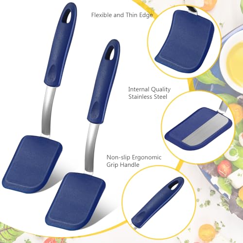 Silicone Cookie Spatula Turner 2 Pack Mini Brownie Spatula Flexible Kitchen Small Silicone Turner for Nonstick Cookware Heat Resistant No Scratch Flipper for Egg(Solid Flat,Blue) - color: Blue