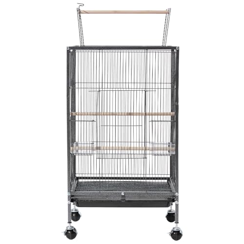 VEVOR Bird Cage, 18 x 18 x 30 inch, Open Flat Top, Wrought Iron Bird Flight Cage with Perches, Slide-Out Tray and Plastic Feeders, Casters, for Parrot, Blue Tit, Cockatiel, Canary, Budgerigar, Conure - size: 18.0"L x 18.0"W x 30.0"H