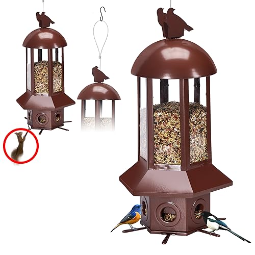 Squirrel Proof Bird Feeders, 5lbs Heavy Duty Metal (Brown) | Weight-activated mechanism bird feeders for outdoors, 6 Chew-proof feeding ports