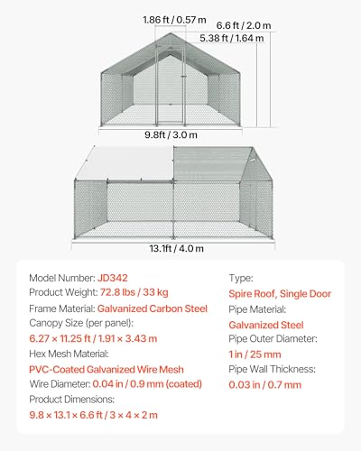 VEVOR Large Metal Chicken Coop, 9.8x13.1x6.5 ft Large Walk in Chicken Runs for Yard with Cover, Hen House Enclosure with Security Lock, Outdoor Duck Rabbit Cage Poultry Pen for Backyard, Farm, Yard - size: 118.6"L x 154.7"W x 78.4"H