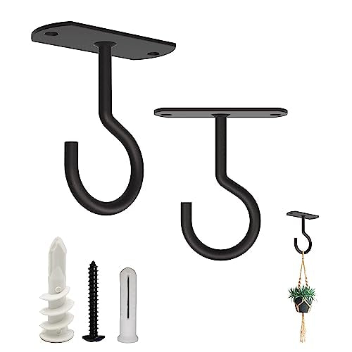 Ceiling Hooks for Hanging Plants 2 Pack - Square Wall Mount Plant Hanger Indoor Hanging Hooks Metal Plant Bracket Iron Lanterns Hangers for Wind Chimes, Planters (Square Black 2 Pack) | Square-style ceiling hooks for hanging plants, baskets, bird feeders,