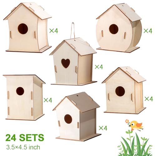 24 Sets DIY Wood Birdhouse Bulk for Kids Parties and Classrooms, Art Painting Bird House Craft Kit Unfinished Wood Bird Houses to Paint for Kids 3+ Spring Summer Arts and Craft Projects