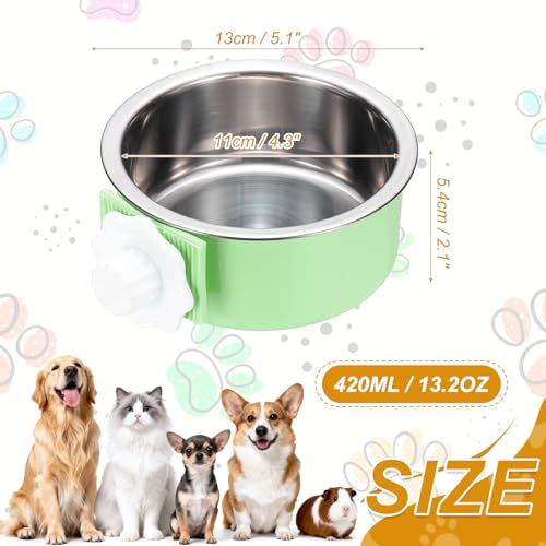 Crate Dog Bowl, Removable Stainless Steel Pet Cage Hanging Anti-Overturn Food Water Feeder Cage Cup (Round, Green, 13.2oz), Intended for Puppies/Cat/Rabbit/Bird - color: Green, size: 5.1"(13.2oz)