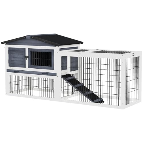 PawHut 2 Levels Outdoor Rabbit Hutch Openable Top for Rabbits 59" Dark Gray | Wooden Large Rabbit Cage with Run, Weatherproof Roof, Removable Tray, Ramp, for Chickens, Ducks - color: Dark Grey