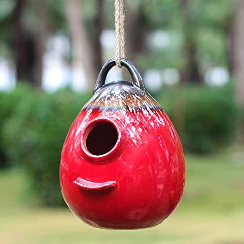 Kimdio Birdhouse Ceramic Hanging Birdhouses Bird Hut Hanging Outdoor Birdhouse for Wild Birds, Finch, Cardinal, and Bluebird - Red - color: a - Red